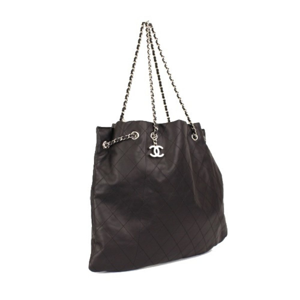 Chanel Chain Tote Bag Charm Lambskin Black Silver